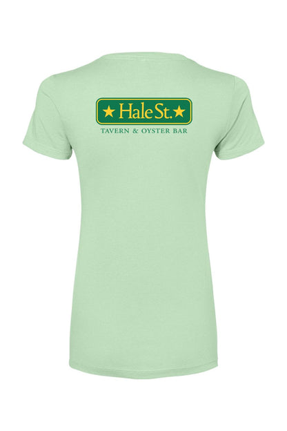 Light green women's cotton-blend t-shirt featuring a Hale St. Tavern & Oyster Bar logo on the back.