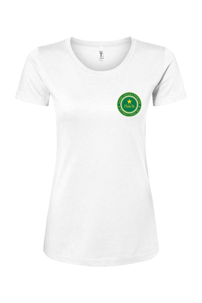 White women's crew neck t-shirt featuring a green Hale St. Tavern logo on the left chest, made of soft cotton blend.