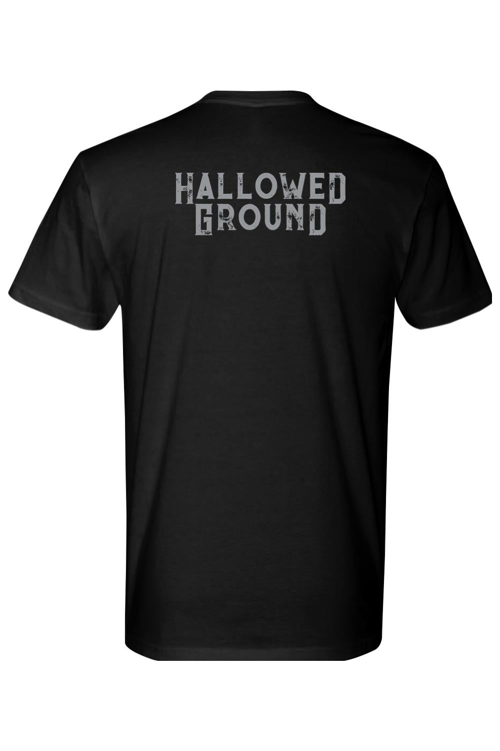Black 100% cotton t-shirt featuring the Hallowed Ground logo in distressed grey lettering on the back.