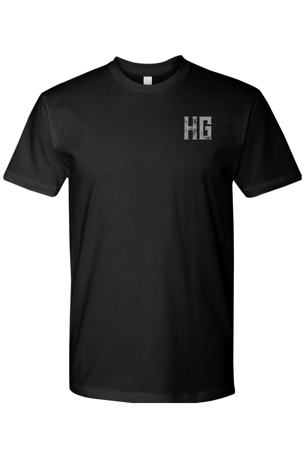 Black 100% cotton crew neck t-shirt featuring a small, distressed grey HG logo on the left chest.