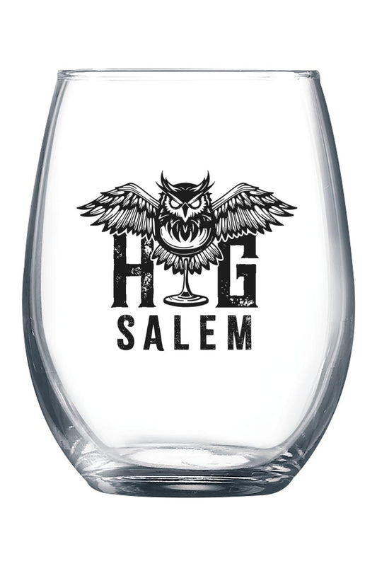 9 oz. clear stemless wine glass featuring a black Night Owl Hallowed Ground Salem graphic print.