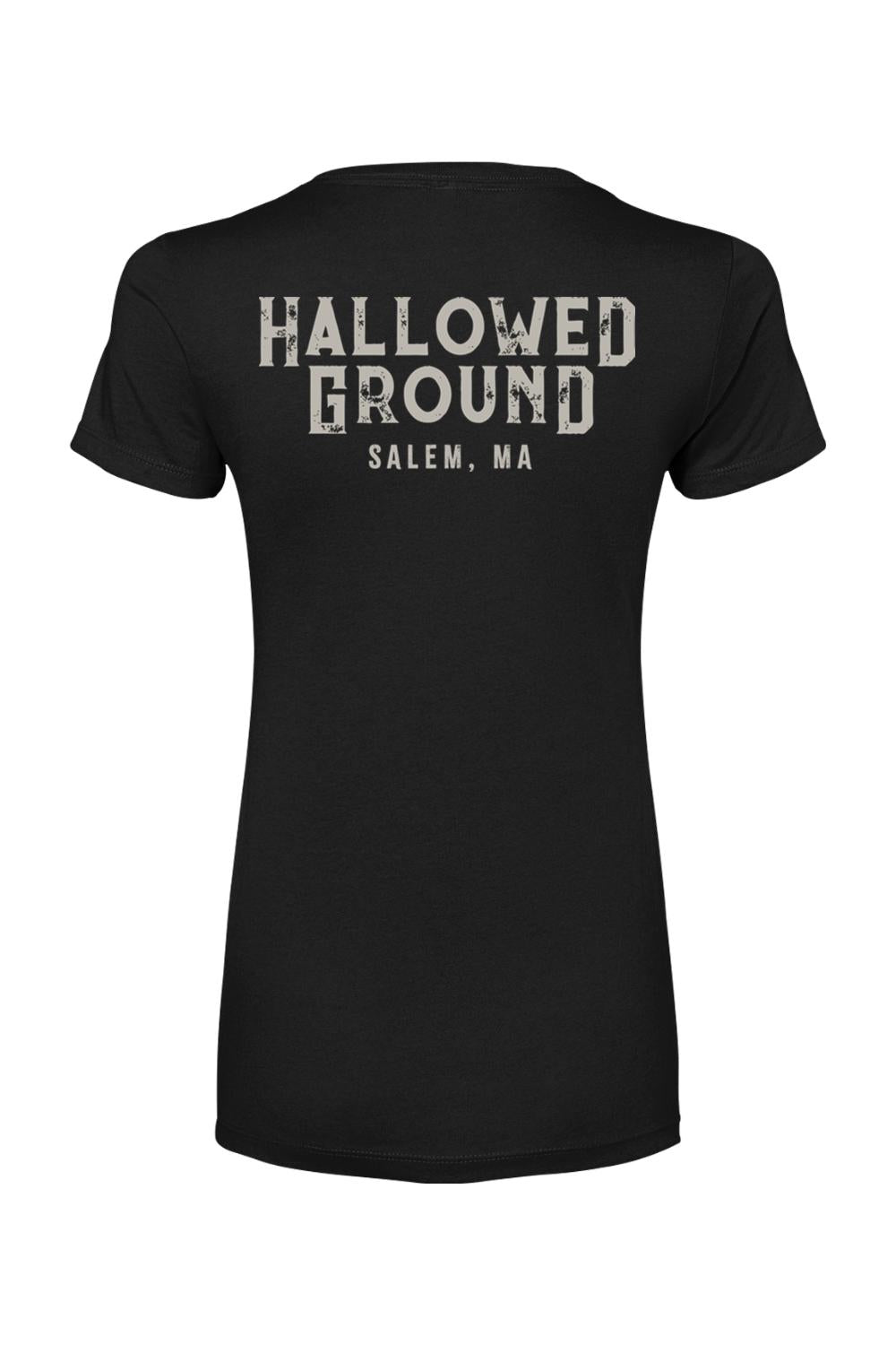 Black women's cotton blend t-shirt featuring Hallowed Ground Salem, MA distressed white text on the back.