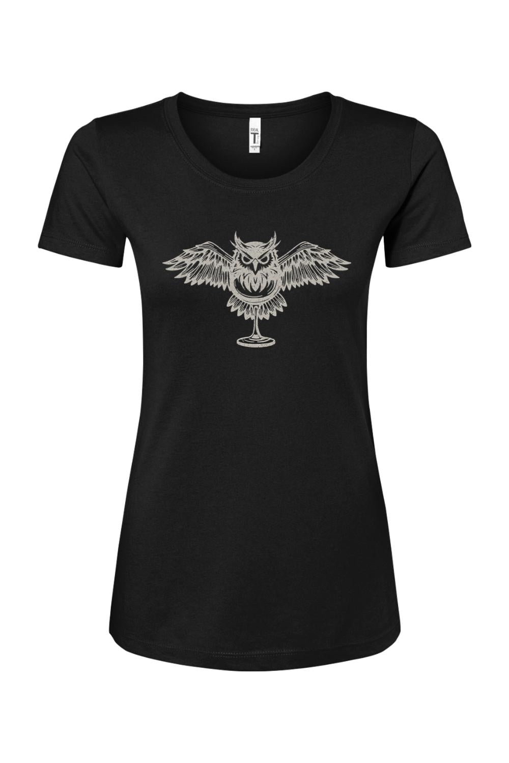 Women's black cotton-blend t-shirt featuring a detailed white graphic of an owl perched on a wine glass.