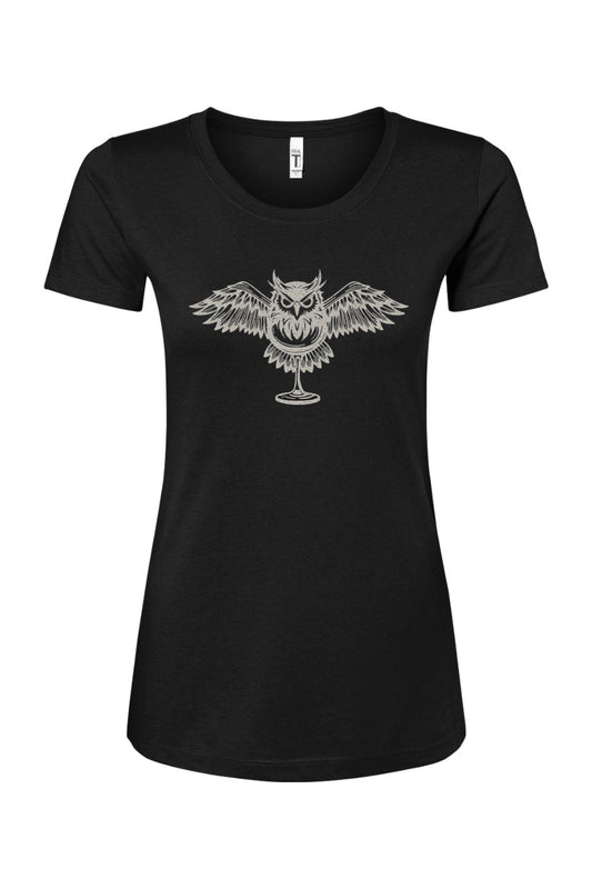 Women's black cotton-blend t-shirt featuring a detailed white graphic of an owl perched on a wine glass.