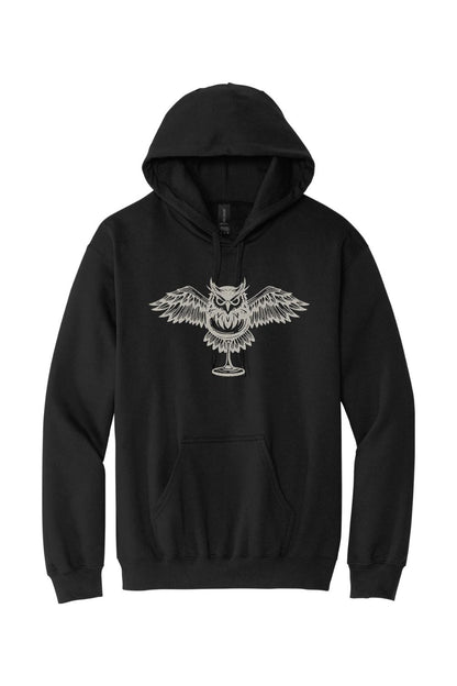Black pullover hoodie featuring a white graphic of an owl perched on a wine glass on the chest.