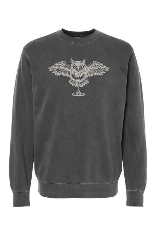 Charcoal pigment-dyed crewneck sweatshirt featuring a detailed cream-colored owl graphic on the chest.