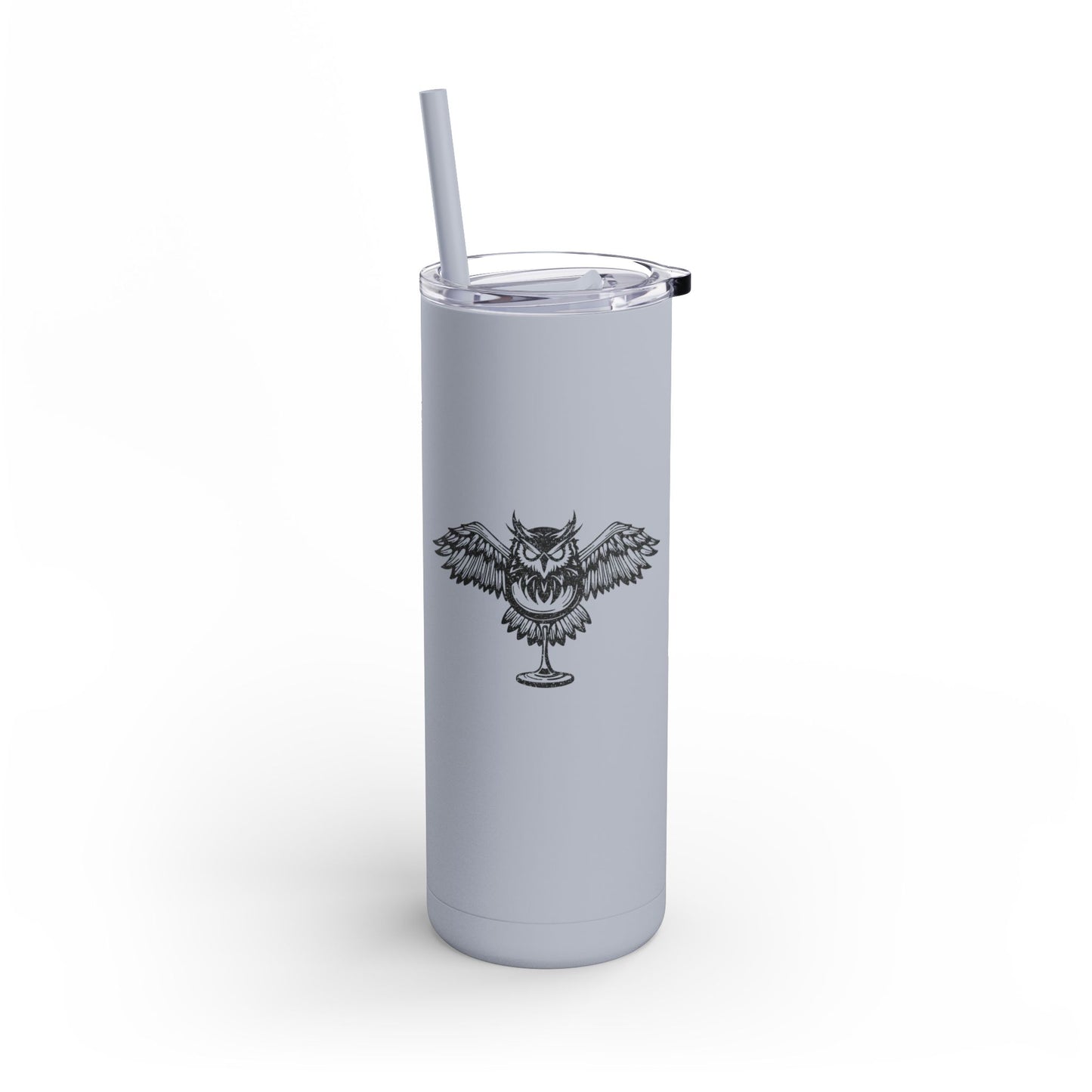 20oz matte gray stainless steel skinny tumbler featuring a black owl graphic, clear slide lid, and matching straw.