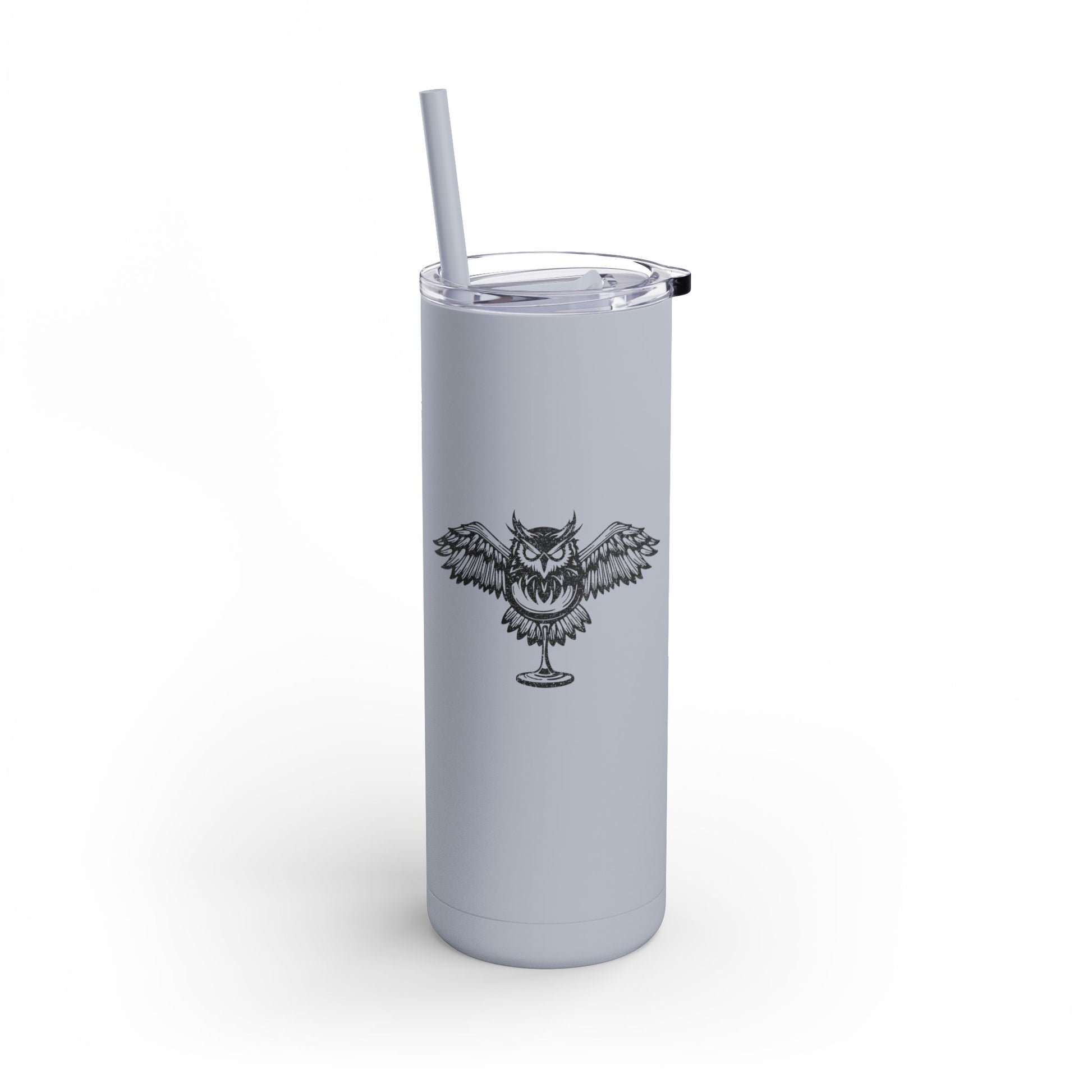 20oz matte gray stainless steel skinny tumbler featuring a black owl graphic, clear slide lid, and matching straw.