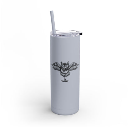 20oz matte gray stainless steel skinny tumbler featuring a black owl graphic, clear slide lid, and matching straw.