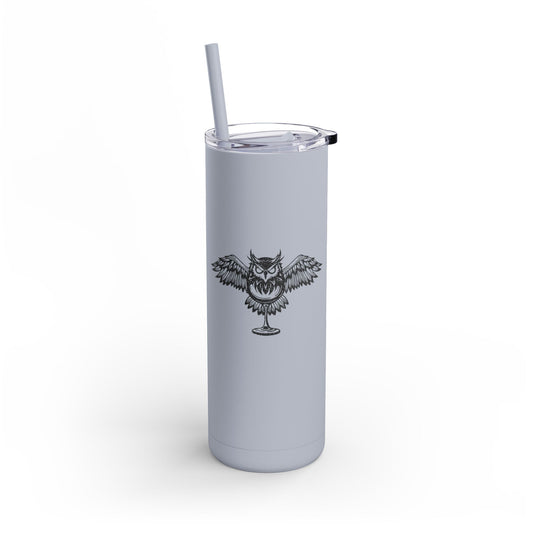 20oz matte gray stainless steel skinny tumbler featuring a black owl graphic, clear slide lid, and matching straw.