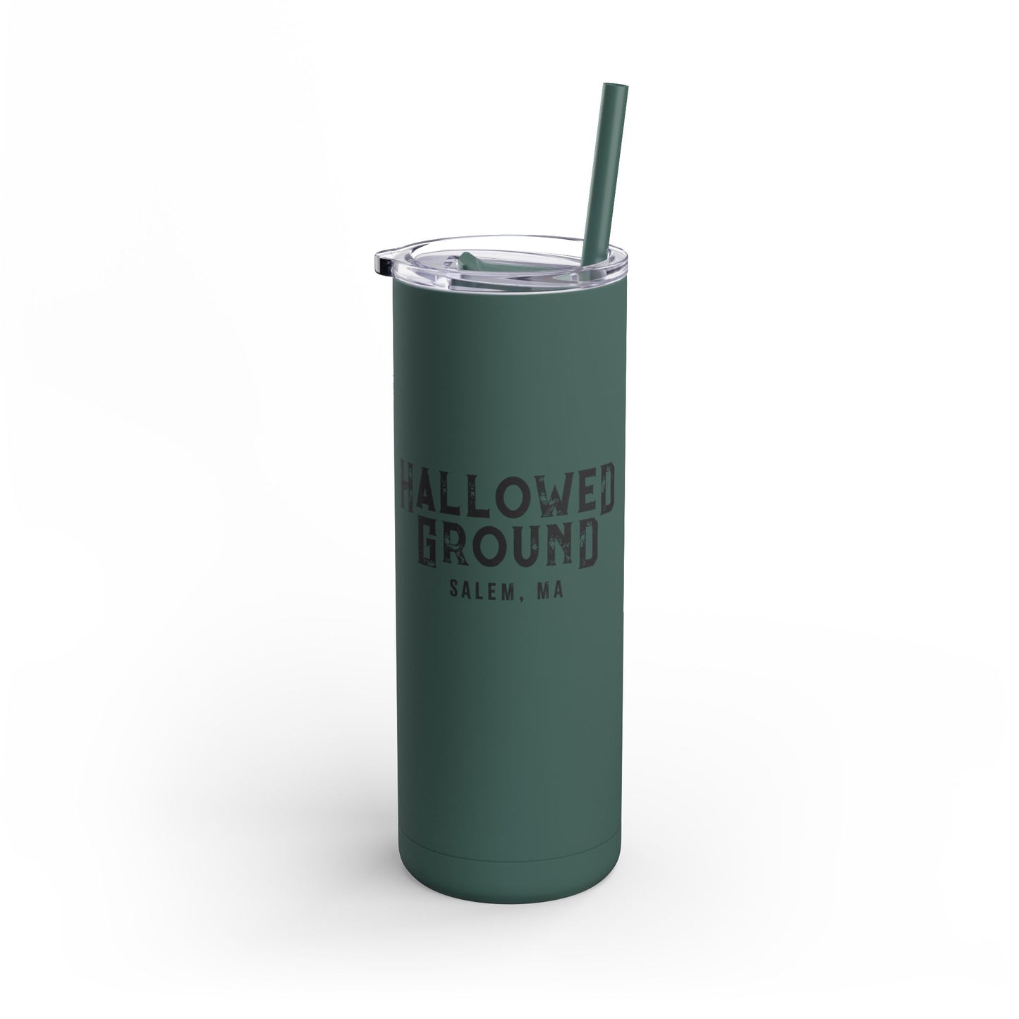 20oz matte dark green stainless steel skinny tumbler with Hallowed Ground Salem, MA print and matching straw.