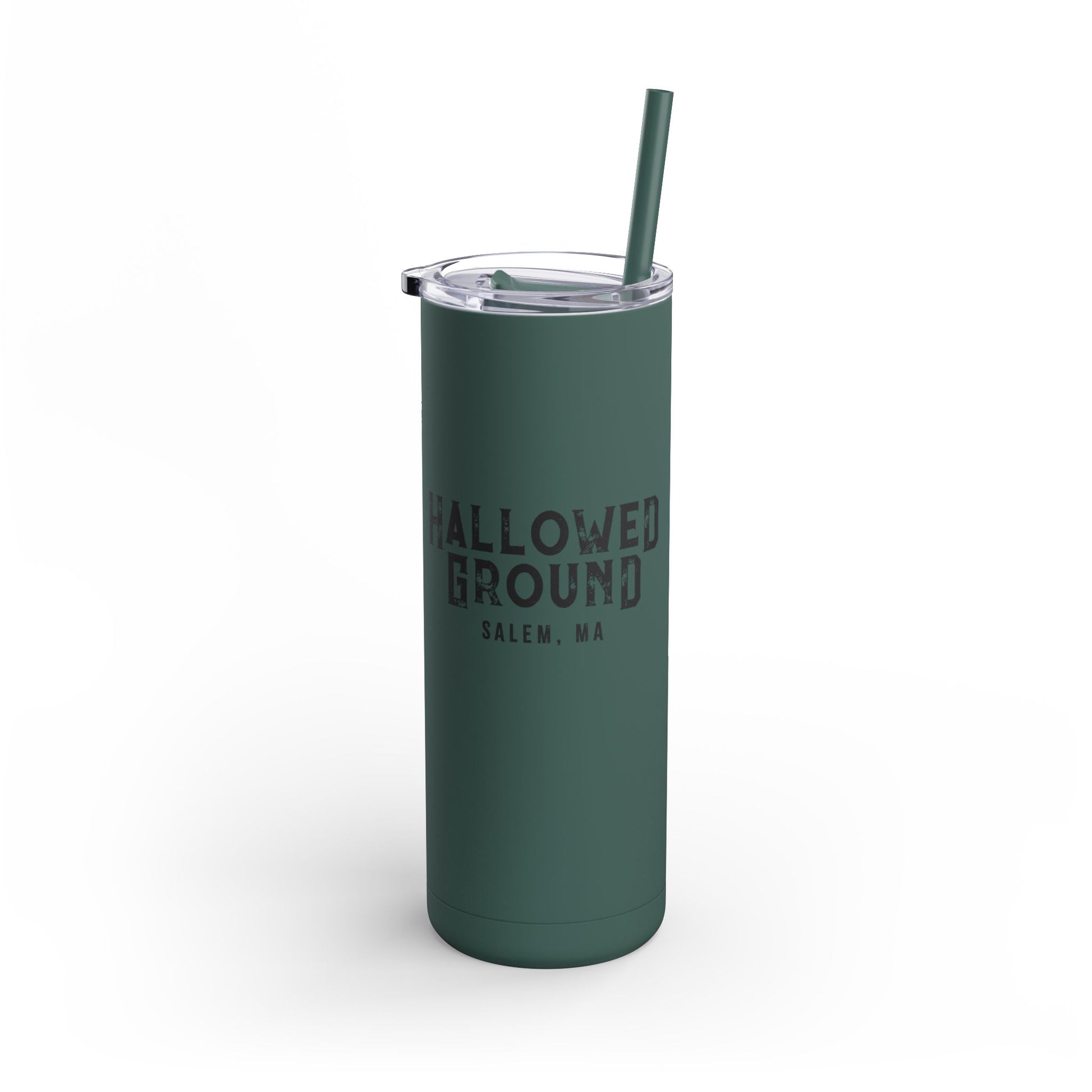 20oz matte dark green stainless steel skinny tumbler with Hallowed Ground Salem, MA print and matching straw.