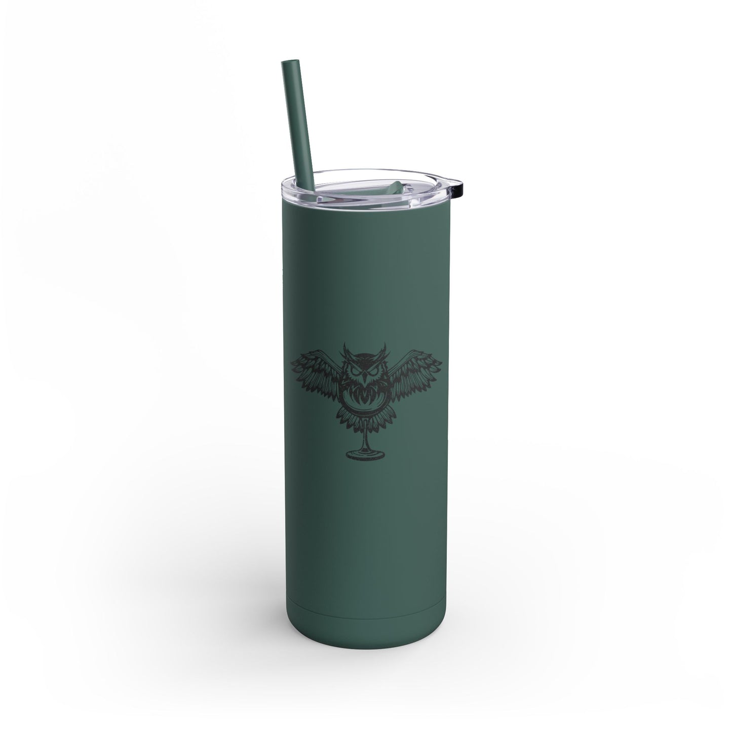 20oz matte dark green stainless steel skinny tumbler with an owl graphic, clear lid, and matching straw.