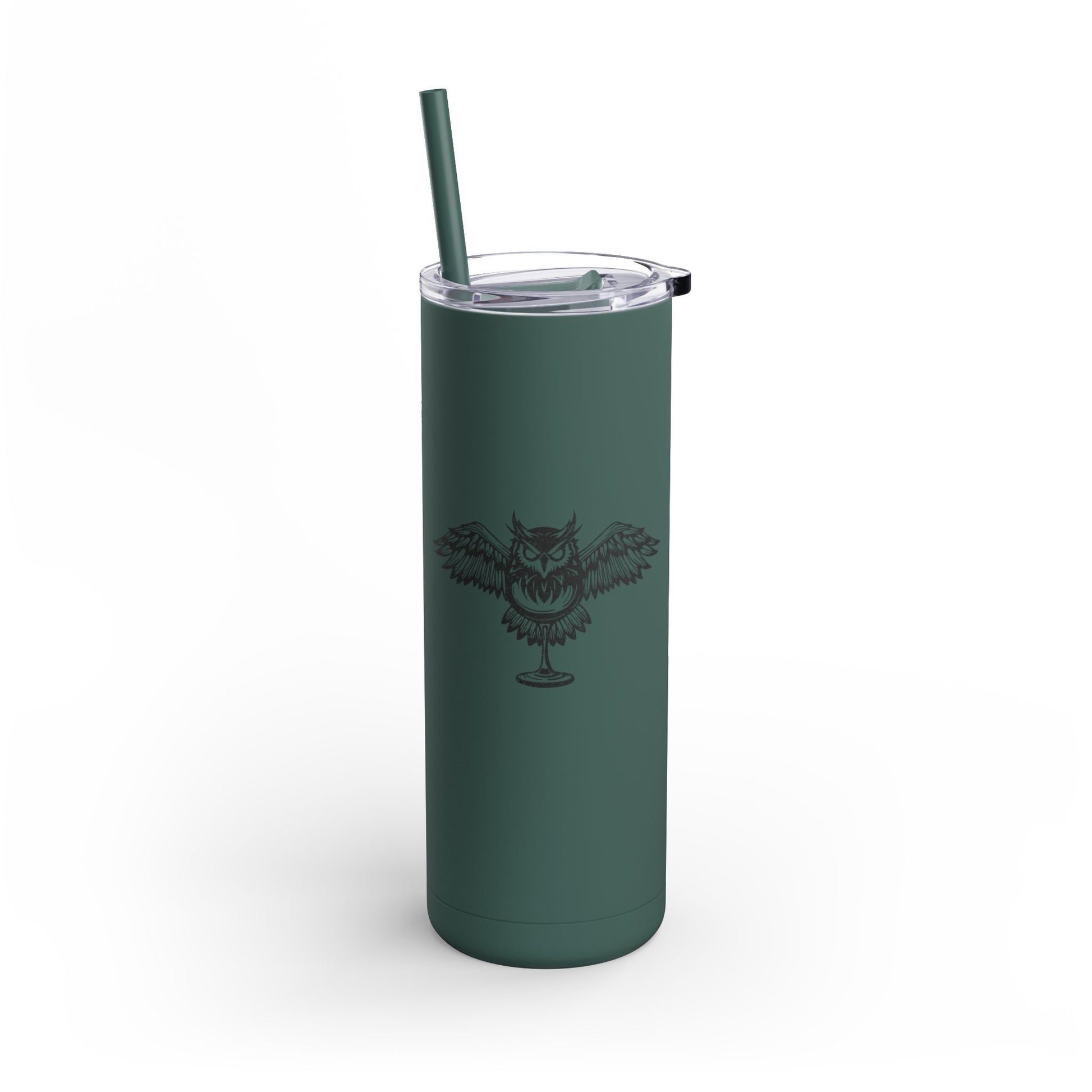 20oz matte dark green stainless steel skinny tumbler with an owl graphic, clear lid, and matching straw.