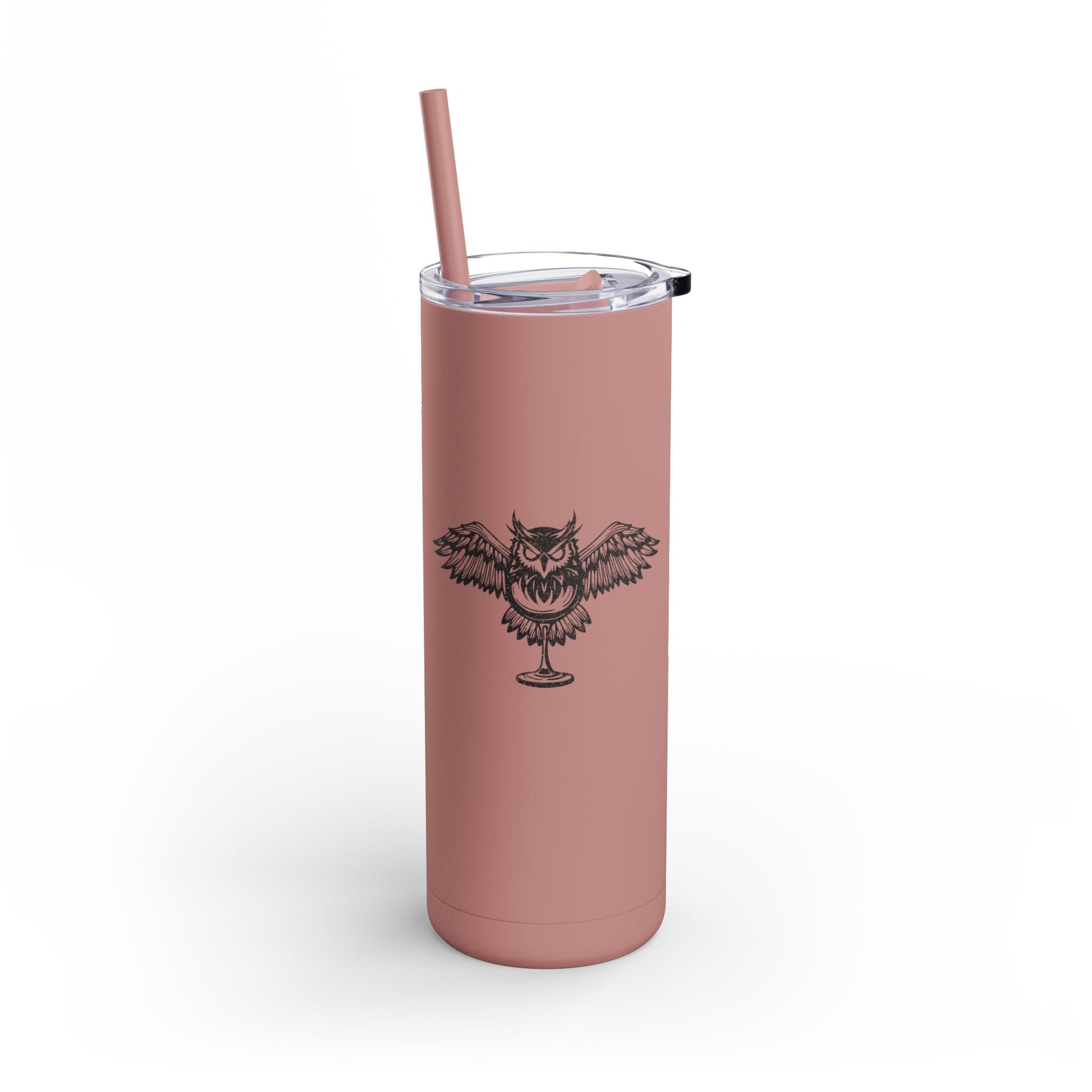20oz matte dusty rose stainless steel skinny tumbler with a black night owl graphic, lid, and matching straw.