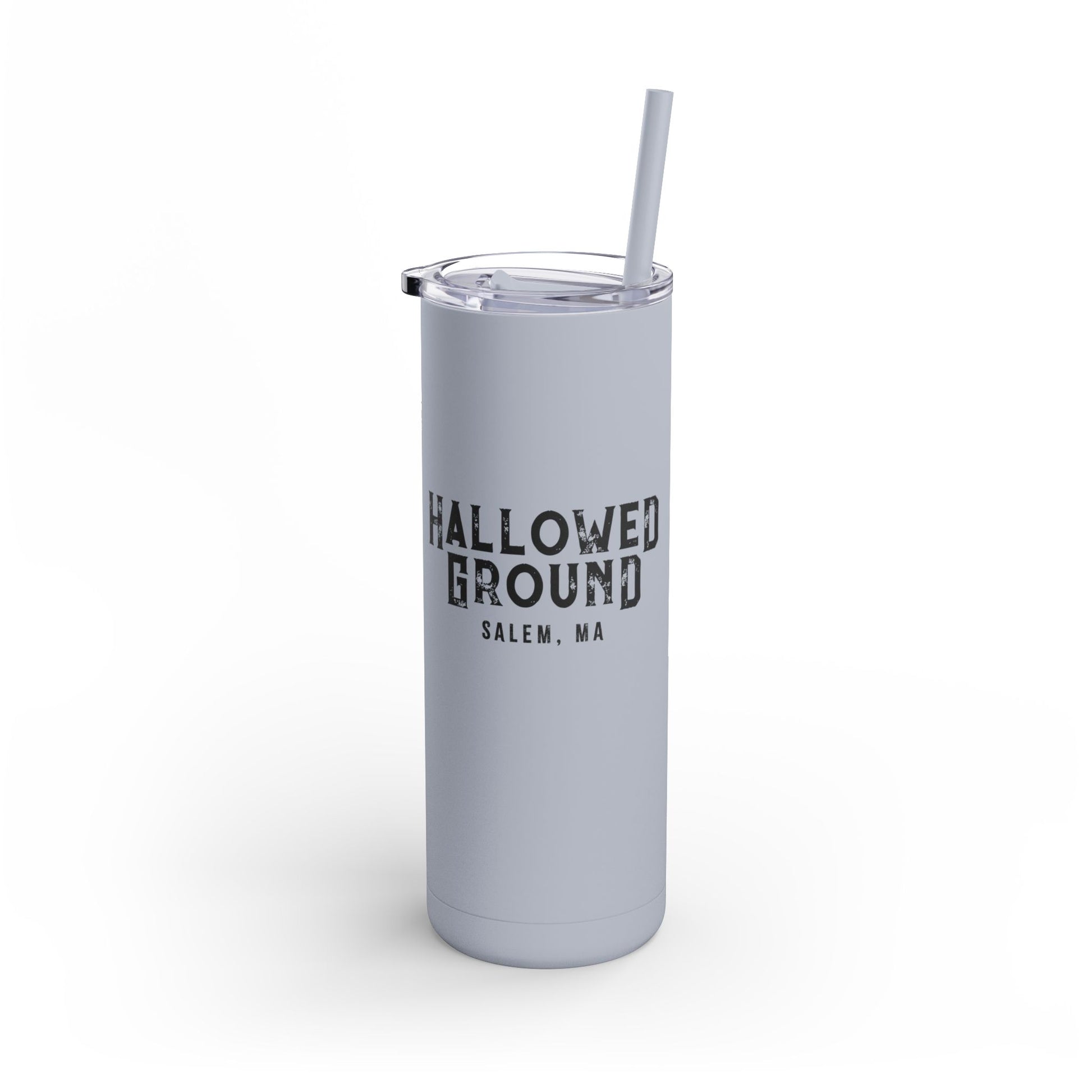 20oz matte grey stainless steel skinny tumbler with Hallowed Ground Salem, MA text and matching straw.