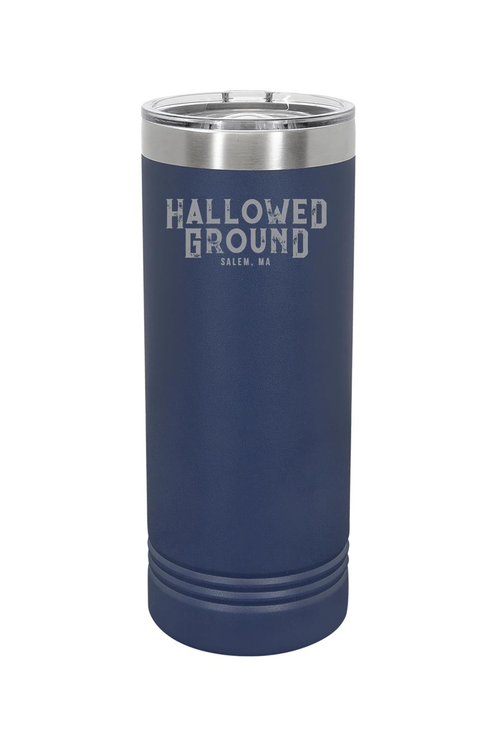 20oz navy blue skinny matte tumbler with Hallowed Ground Salem, MA logo and clear lid.