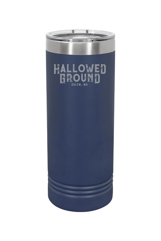 20oz navy blue skinny matte tumbler with Hallowed Ground Salem, MA logo and clear lid.