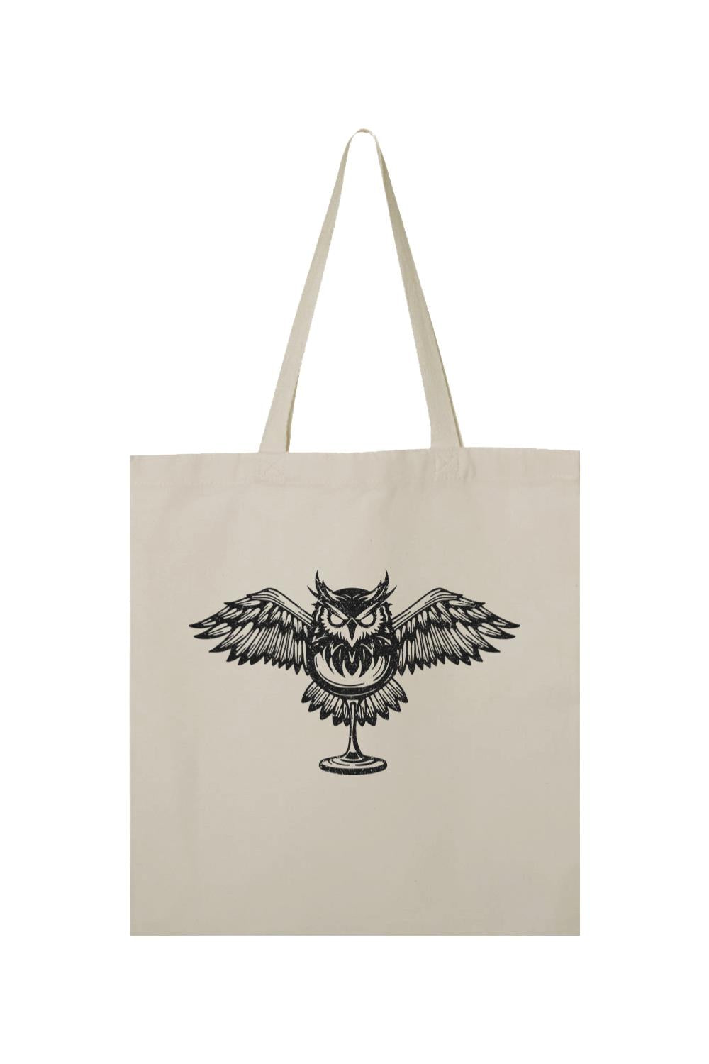 Natural cotton canvas tote bag featuring a black graphic of a Night Owl perched on a goblet.