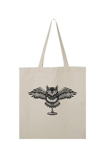 Natural cotton canvas tote bag featuring a black graphic of a Night Owl perched on a goblet.