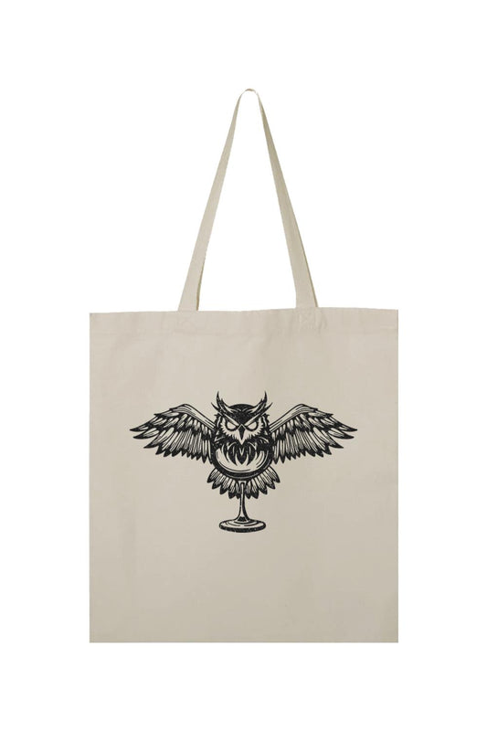 Natural cotton canvas tote bag featuring a black graphic of a Night Owl perched on a goblet.