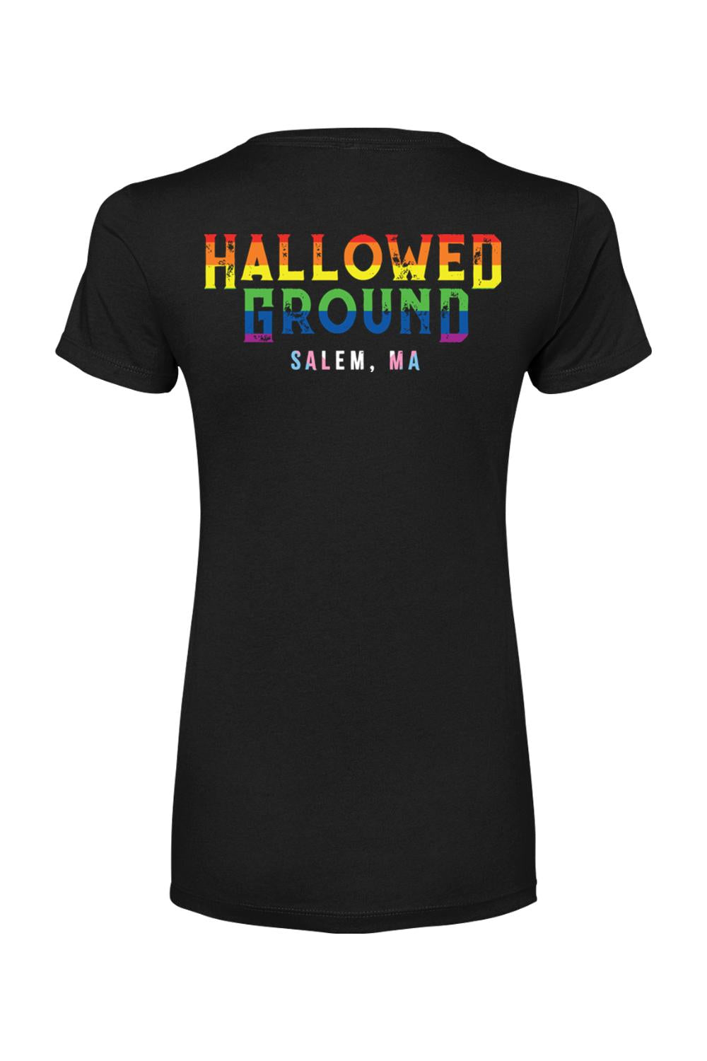 Black women's cotton blend t-shirt featuring Hallowed Ground Salem, MA in rainbow pride colors on the back.