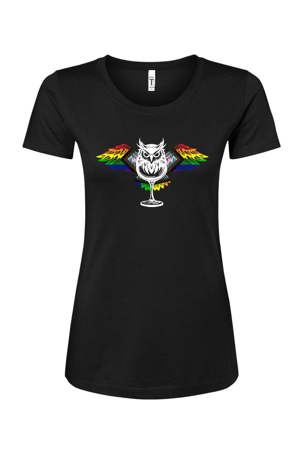 Black women's cotton blend t-shirt featuring a white owl graphic with vibrant rainbow-colored wings.