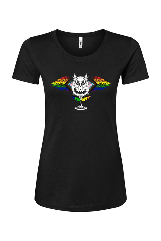 Black women's cotton blend t-shirt featuring a white owl graphic with vibrant rainbow-colored wings.