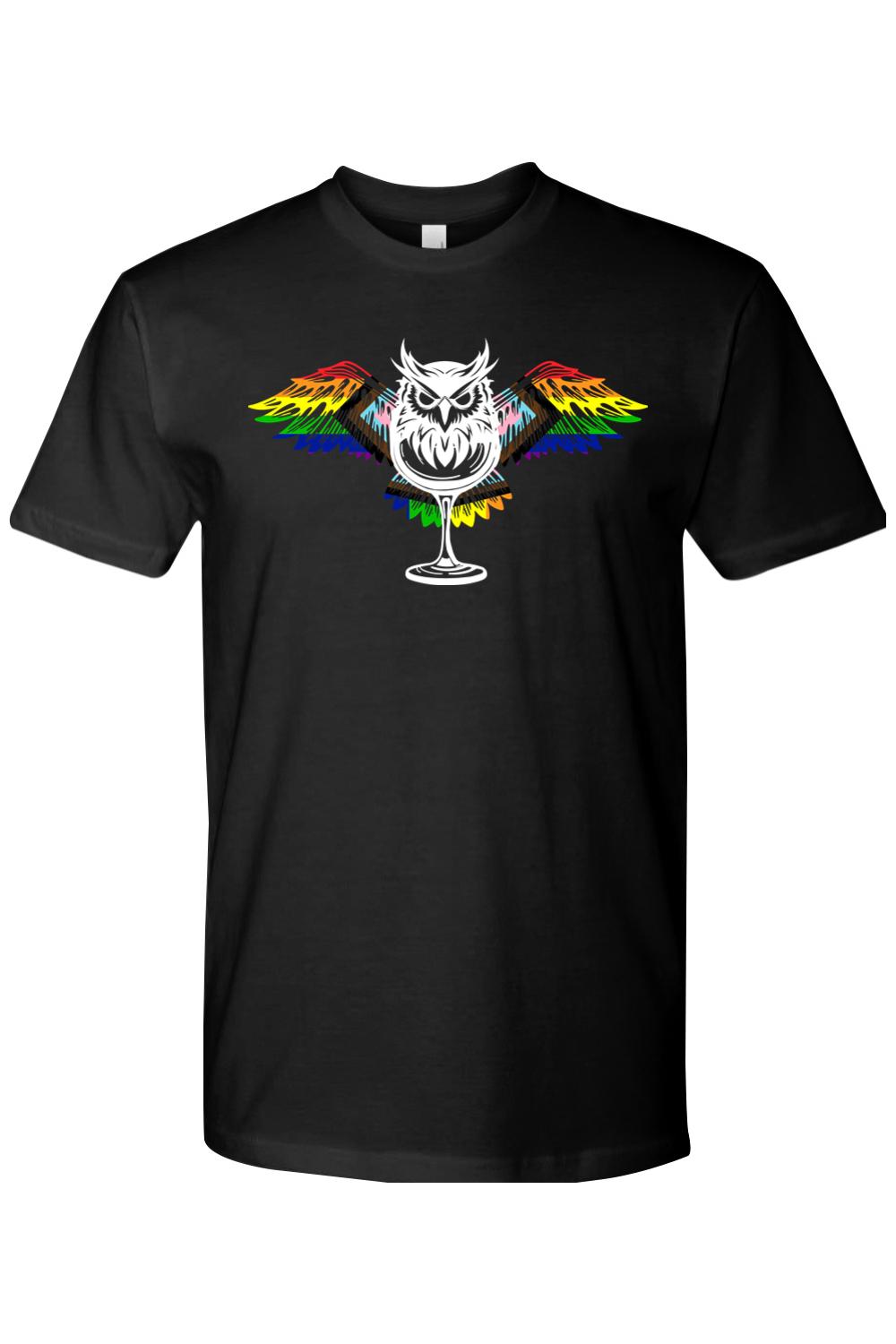Black cotton crewneck t-shirt featuring a white owl graphic with vibrant rainbow-colored wings.
