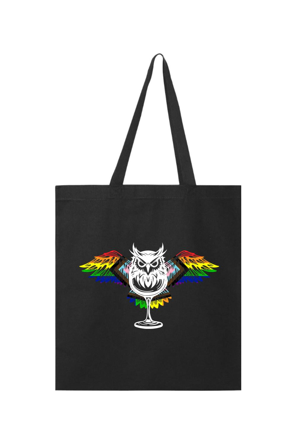 Black canvas tote bag featuring a white owl graphic with vibrant rainbow-colored wings perched on a cocktail glass.
