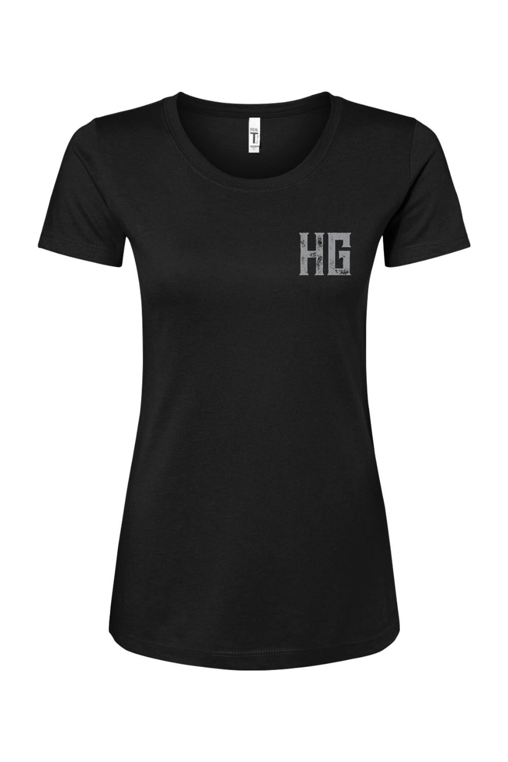 Black women's crew neck t-shirt in cotton-polyester blend featuring a distressed grey HG logo on the chest.