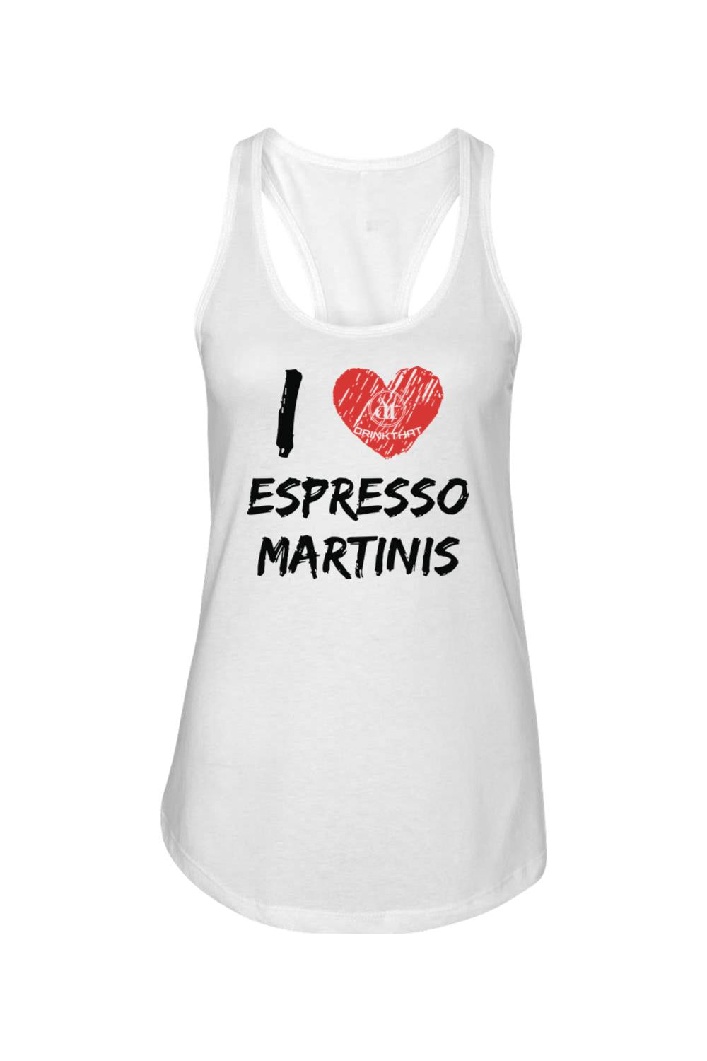 White racerback tank top featuring an I Love Espresso Martinis graphic with a red heart and black text.