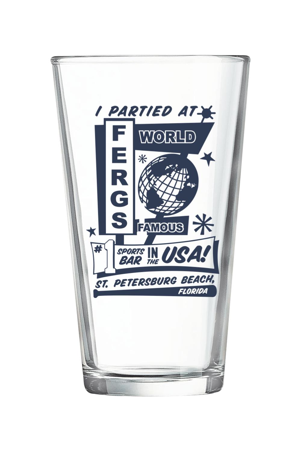 Clear 16 oz. pint glass featuring a blue I Partied at Ferg's graphic with a globe and sports bar text.
