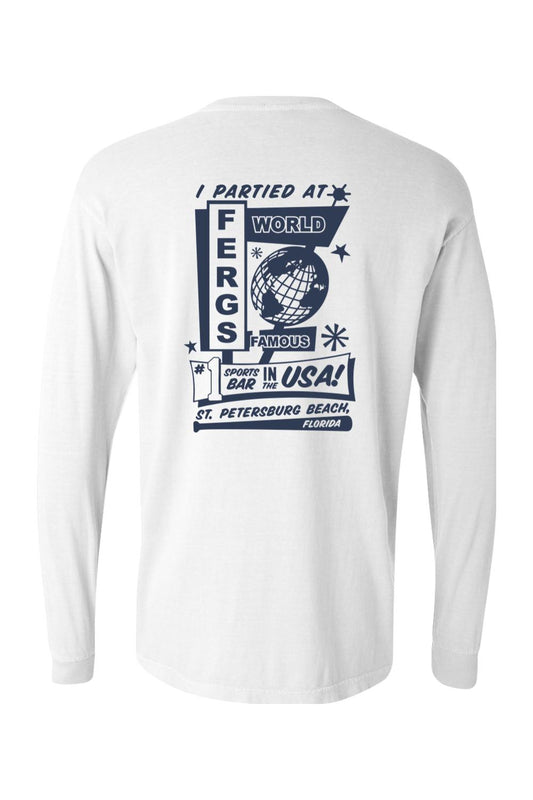 White Comfort Colors long-sleeve shirt featuring a blue I Partied at Ferg's graphic on the back.