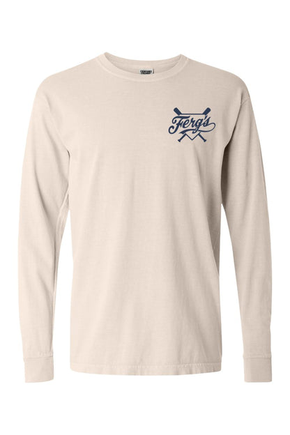 Beige Comfort Colors long sleeve t-shirt featuring a navy blue Ferg's logo with crossed pickleball paddles.