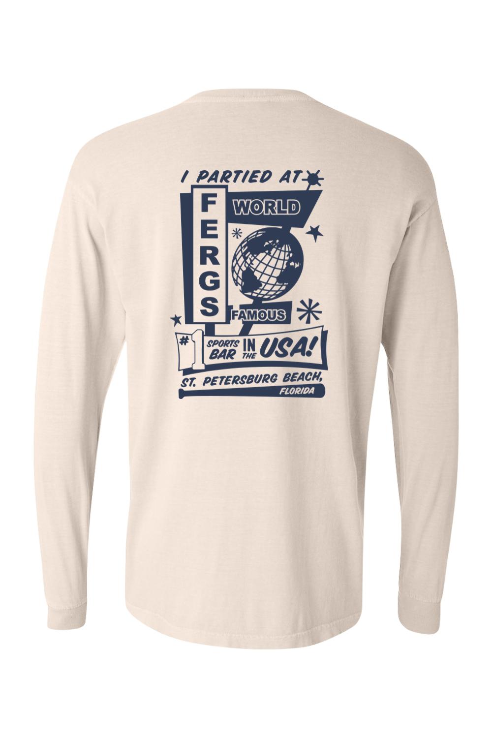 Beige Comfort Colors long sleeve t-shirt featuring a navy blue I Partied at Ferg's graphic on the back.