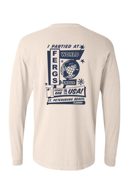 Beige Comfort Colors long sleeve t-shirt featuring a navy blue I Partied at Ferg's graphic on the back.