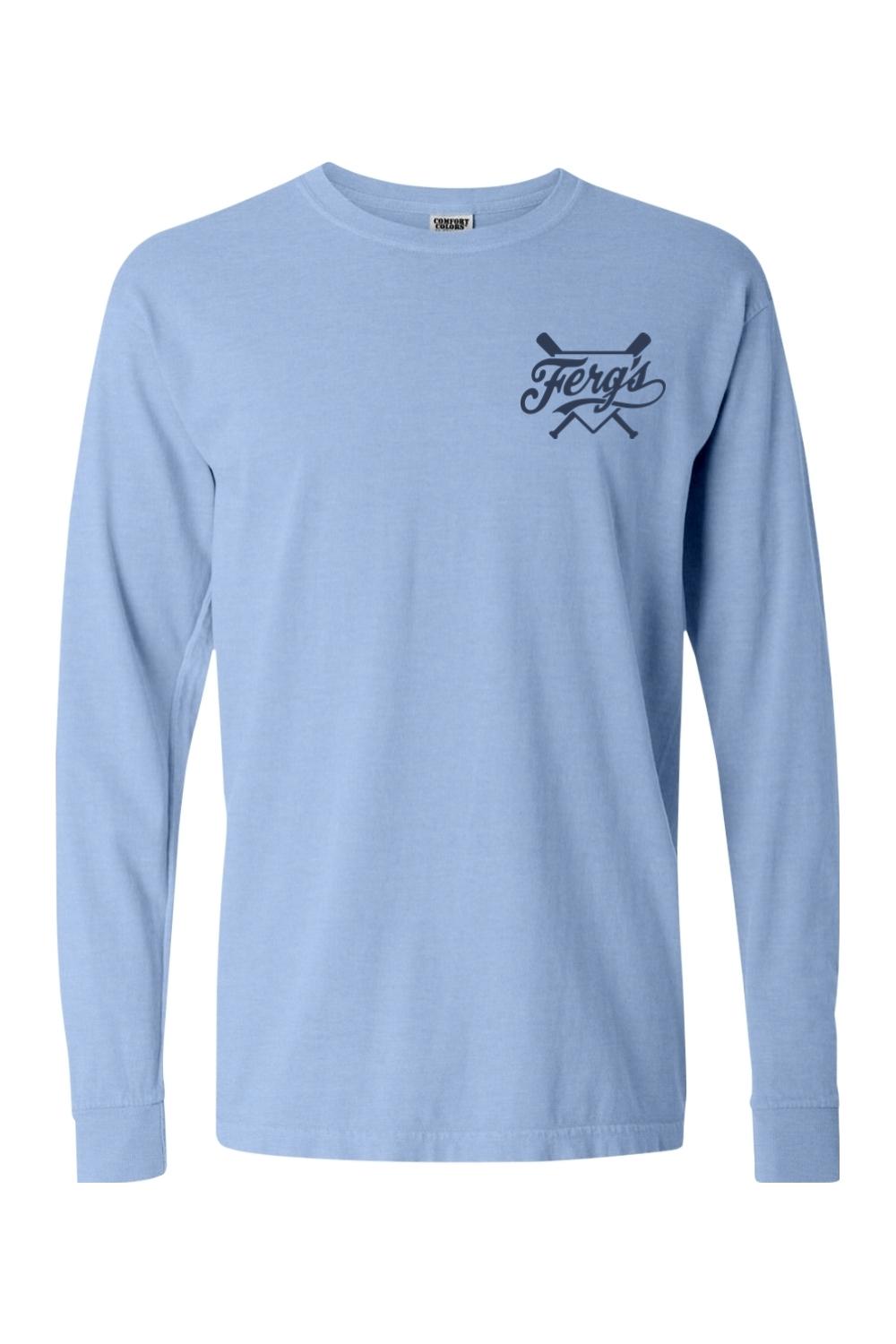 Light blue Comfort Colors long sleeve t-shirt featuring a navy Ferg's pickleball logo on the left chest.
