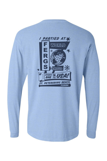 Light blue Comfort Colors long sleeve shirt featuring a dark blue Ferg's St. Petersburg Beach graphic on the back.
