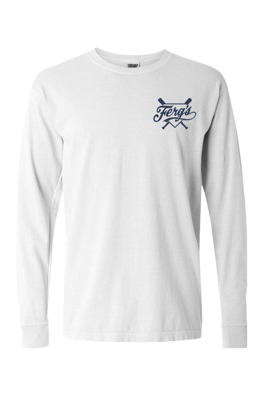 White Comfort Colors long-sleeve t-shirt featuring a navy blue Ferg's logo with crossed pickleball paddles.