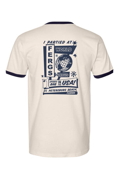 Off-white cotton ringer t-shirt with navy blue trim and a retro I Partied at Ferg's graphic on the back.