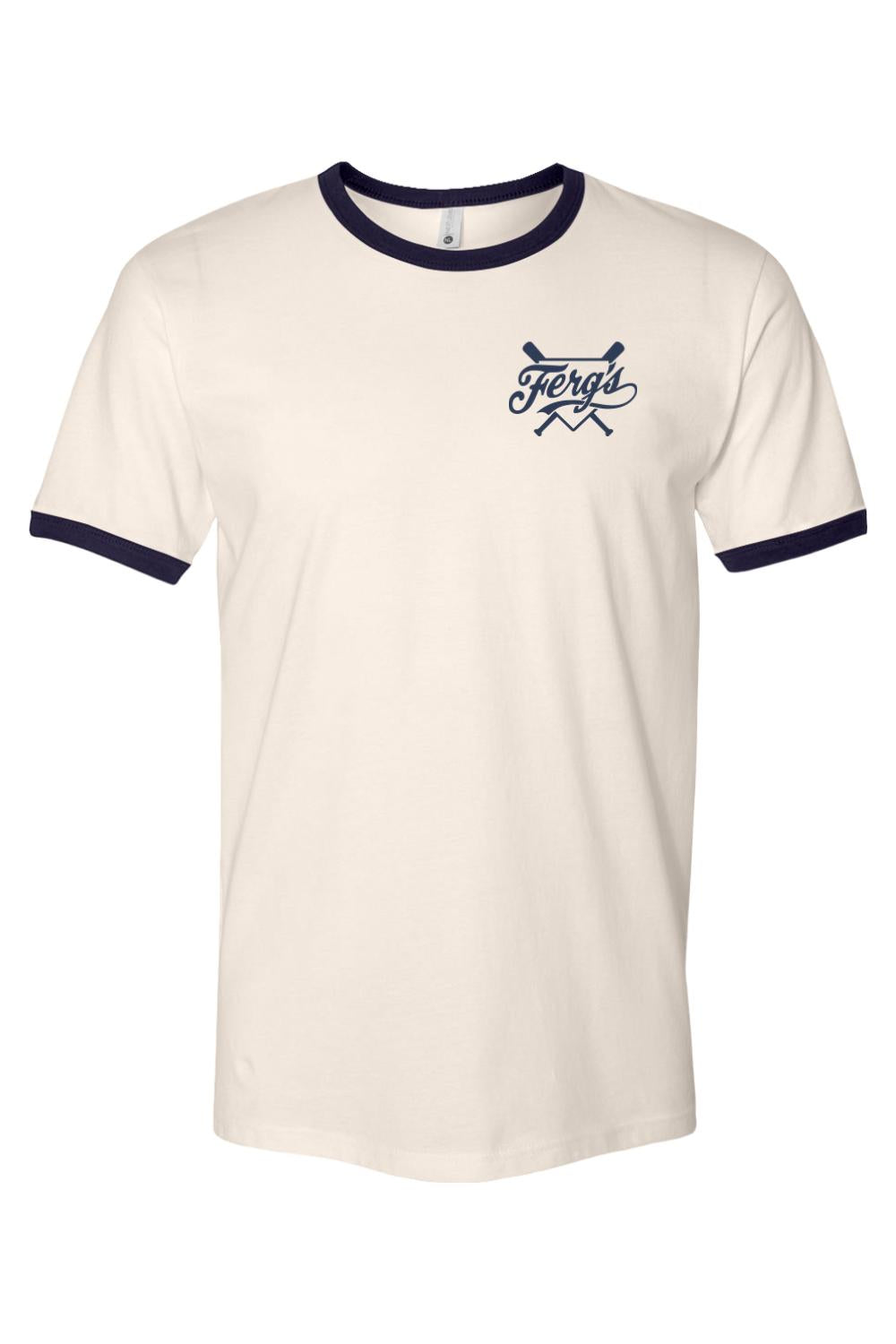Off-white cotton ringer t-shirt with navy blue trim and a Ferg's logo featuring crossed baseball bats.