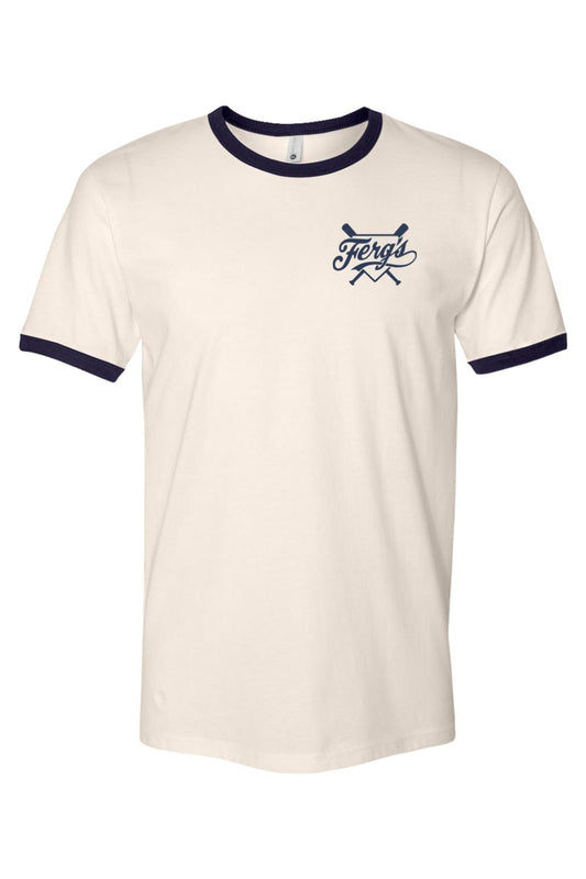 Off-white cotton ringer t-shirt with navy blue trim and a Ferg's logo featuring crossed baseball bats.