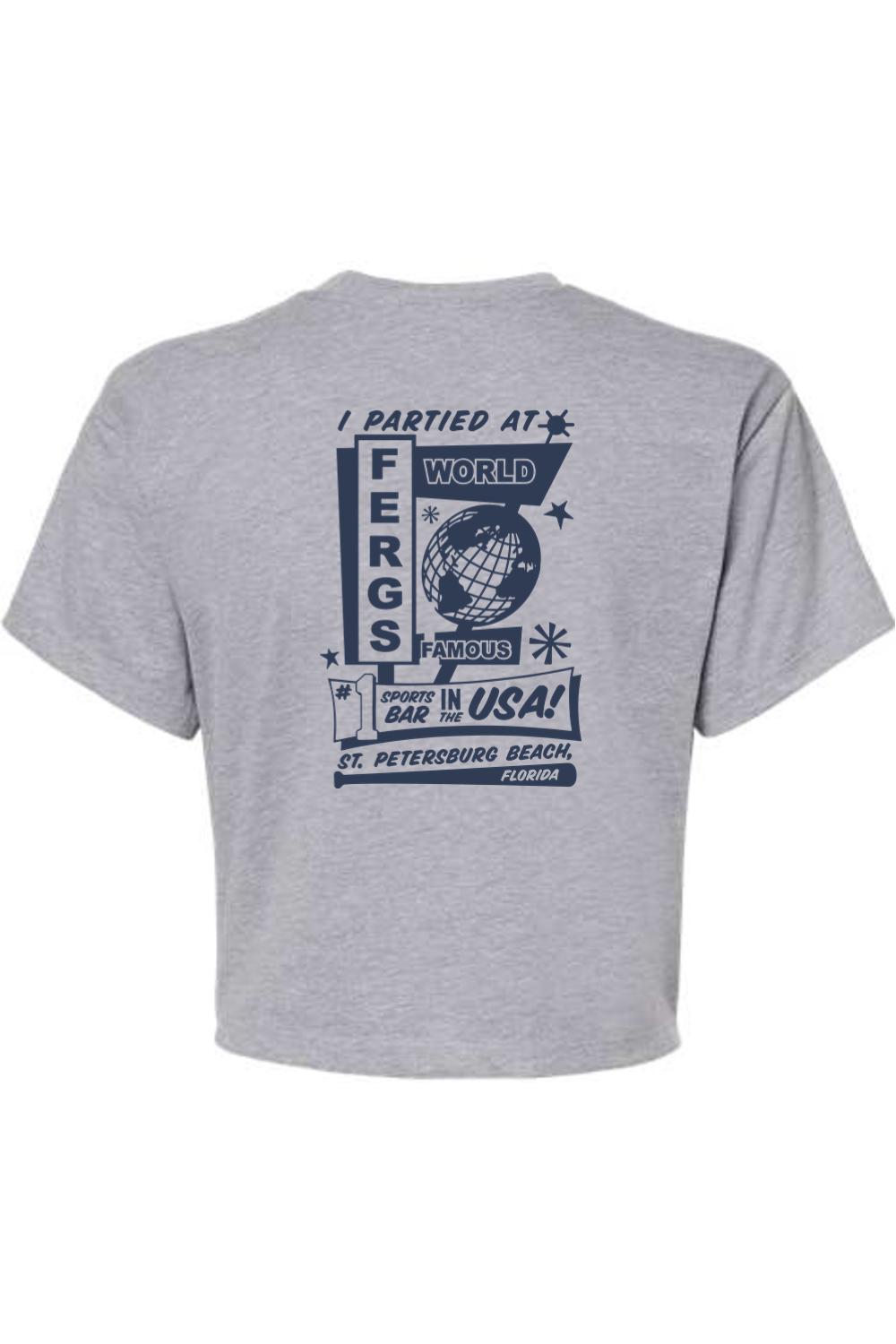 Grey women's crop t-shirt featuring a navy blue I Partied at Ferg's graphic print on the back.