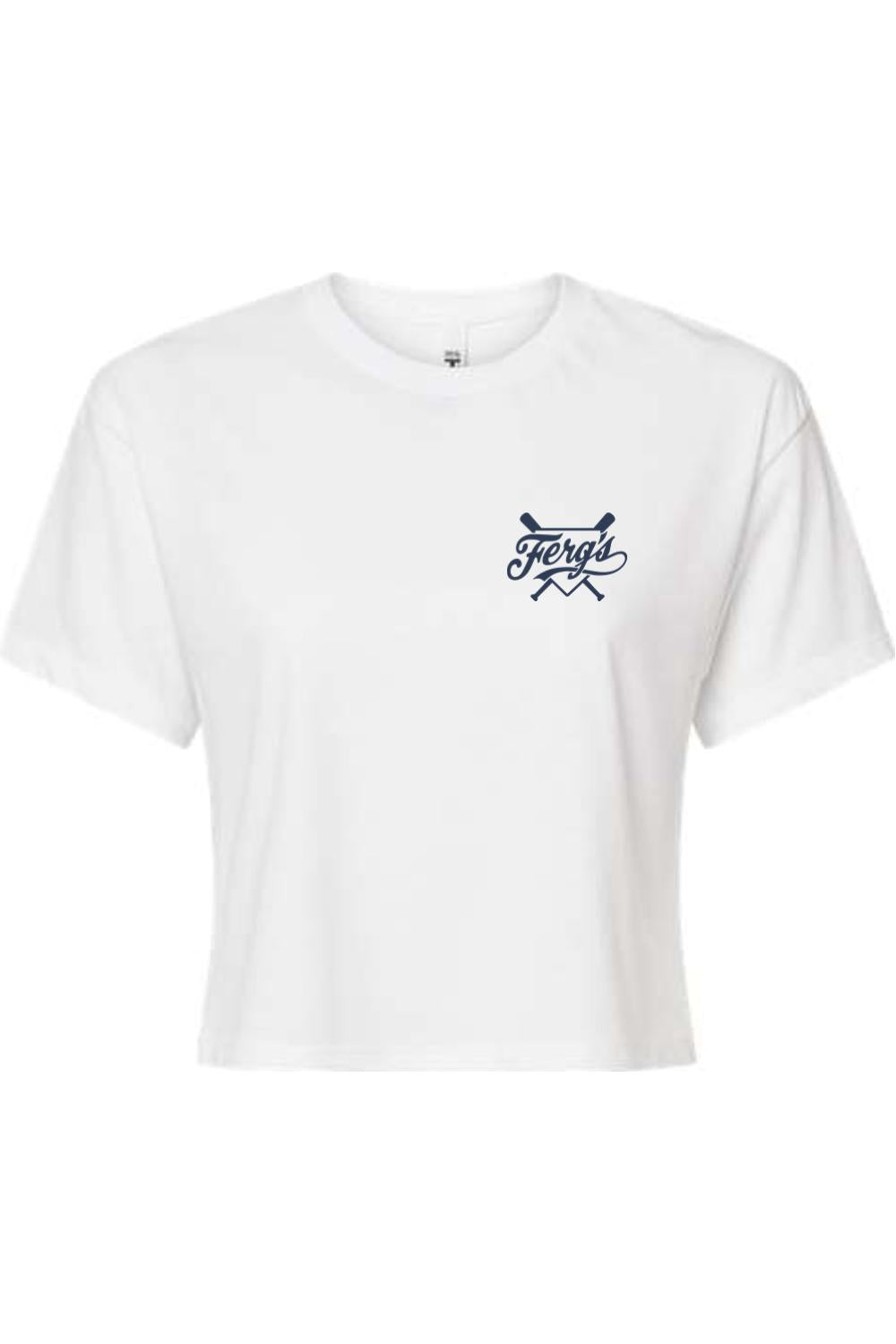 White women's cotton-blend crop top featuring a navy blue Ferg's logo with crossed baseball bats on the chest.