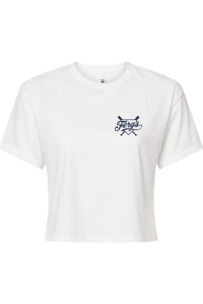 White women's cotton-blend crop top featuring a navy blue Ferg's logo with crossed baseball bats on the chest.