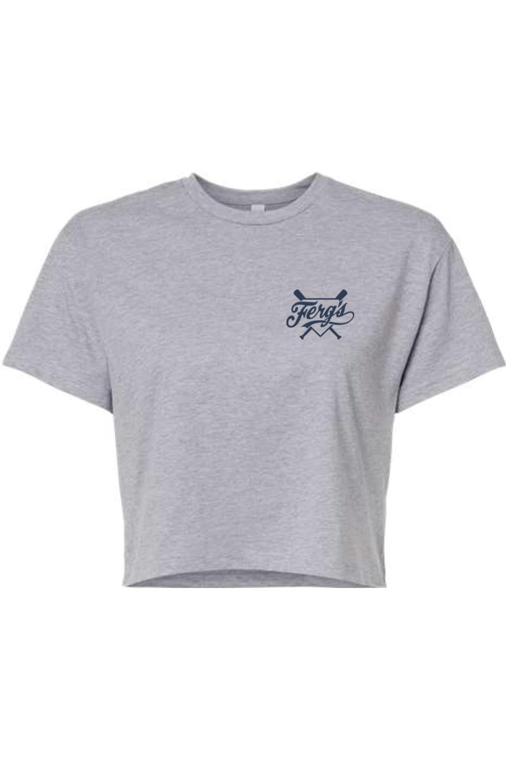 Grey women's crop t-shirt featuring a navy blue Ferg's logo with crossed baseball bats on the left chest.