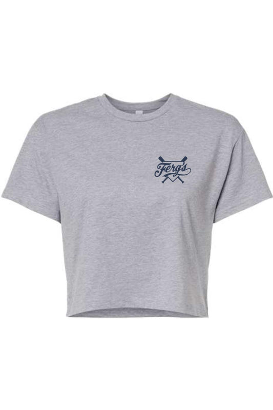 Grey women's crop t-shirt featuring a navy blue Ferg's logo with crossed baseball bats on the left chest.