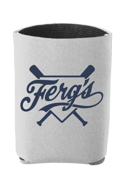 Light gray insulated foam can cooler featuring a navy blue Ferg's logo with crossed baseball bats.