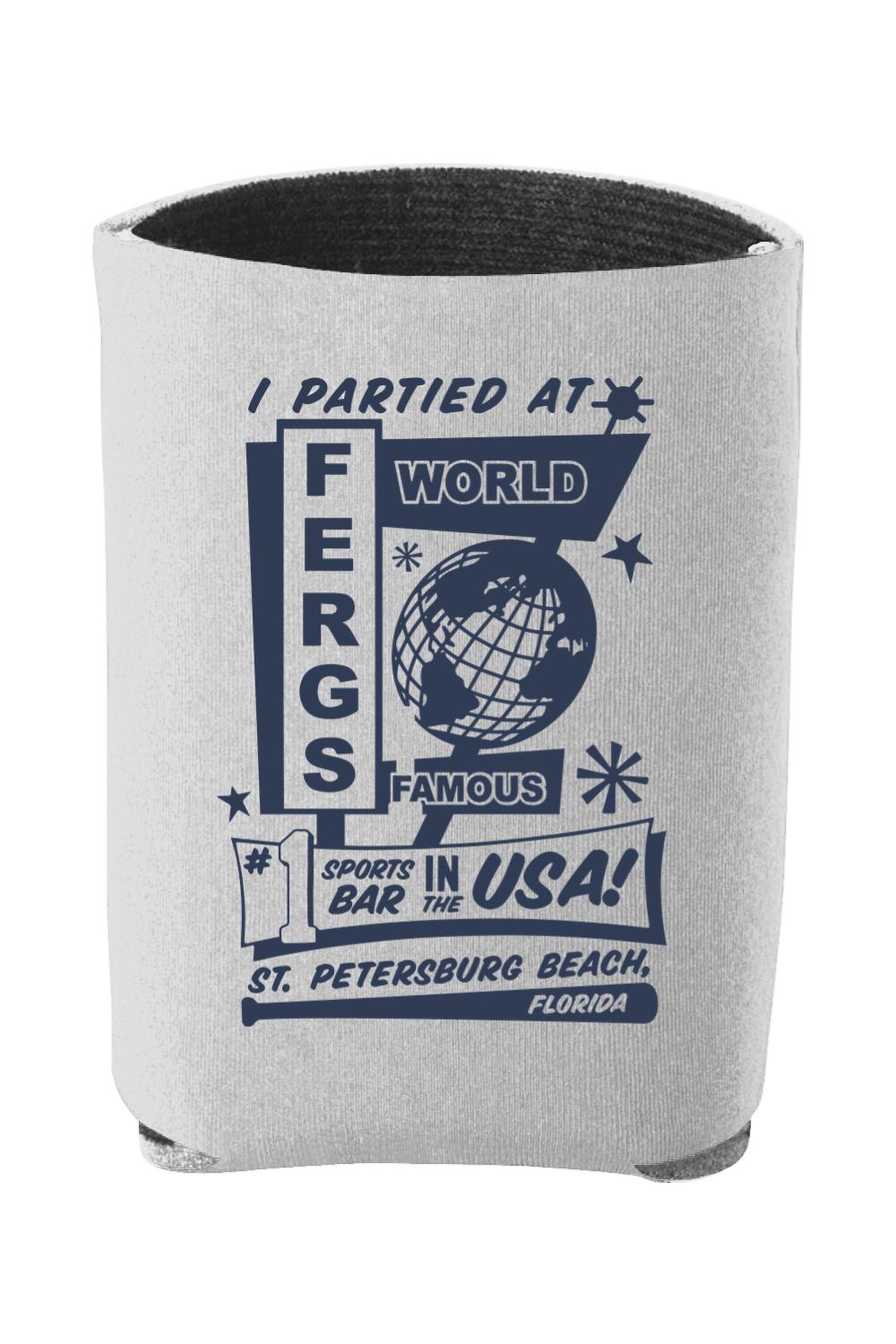 Light gray foam insulated can cooler featuring a navy blue I Partied at Ferg's graphic design.